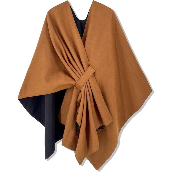 Women Shawl Wrap Poncho Ruana Cape Open Front Cardigan Fall Winter Brown Black - Picture 1 of 6